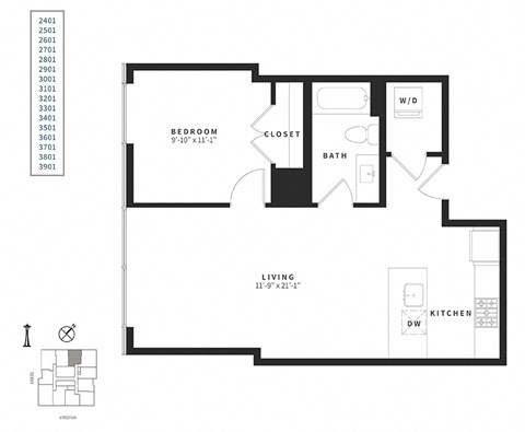 Floor plan for 1 bed, 1 bath, 728 sqft